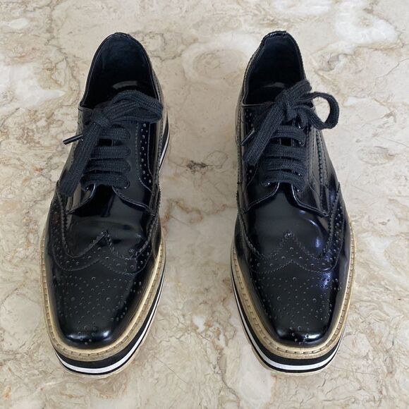 Prada Black Brogue Leather Wingtip Platform Oxford Shoes - Picture 4 of 14